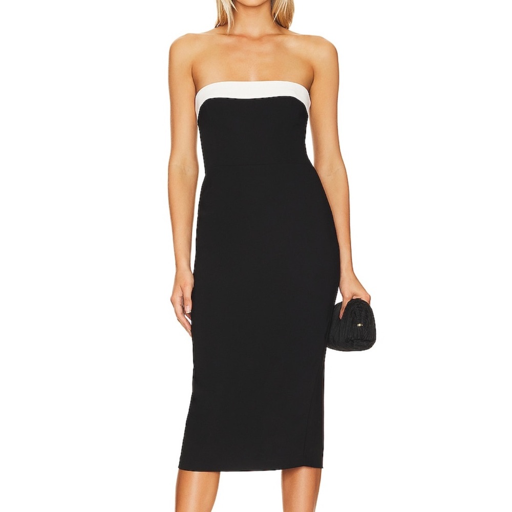 Amanda Uprichard Black Strapless Midi Dress with White Band 🤍🖤